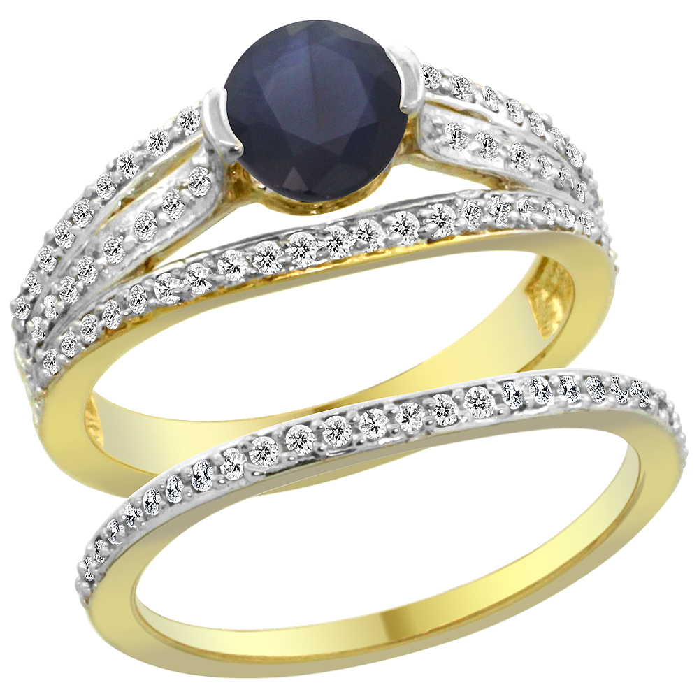 14K Yellow Gold Natural High Quality Blue Sapphire 2-piece Engagement Ring Set Round 6mm, sizes 5 - 10