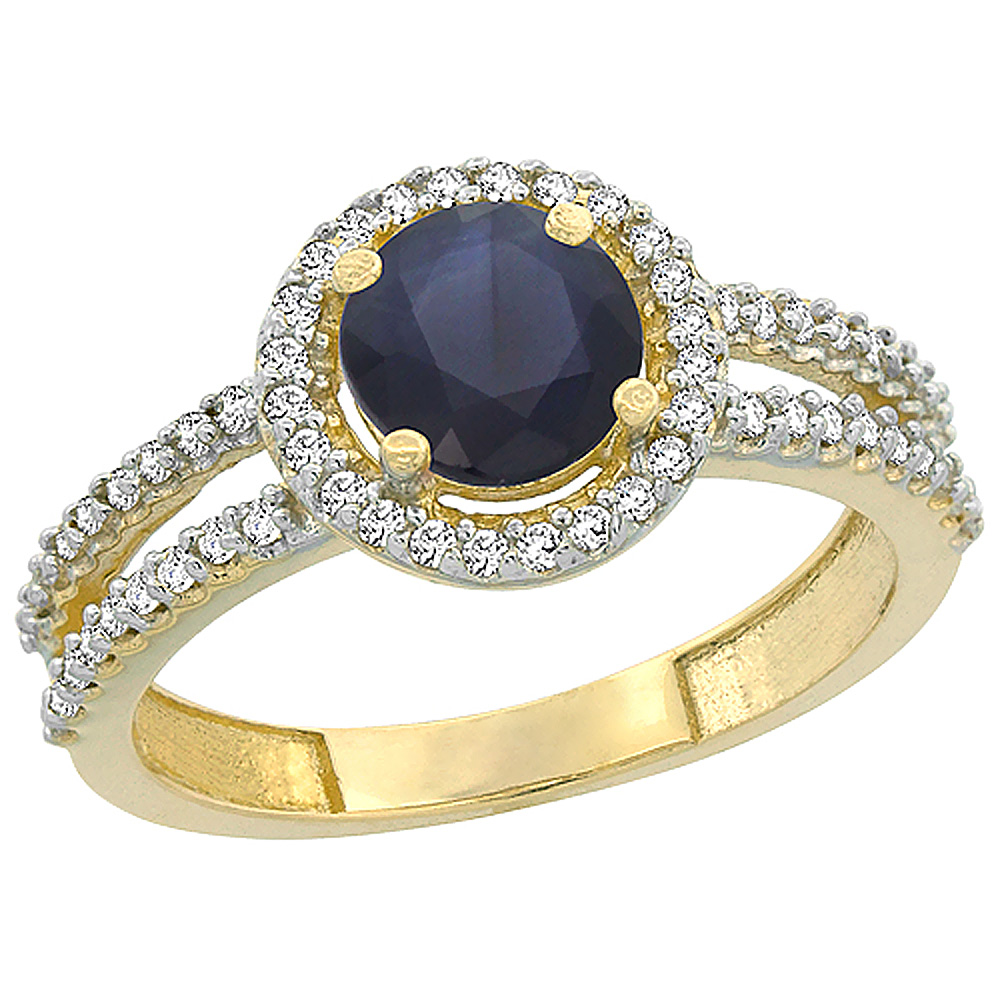 10K Yellow Gold Diamond Halo Natural Quality Blue Sapphire Engagement Ring Round 6mm, size 5 - 10