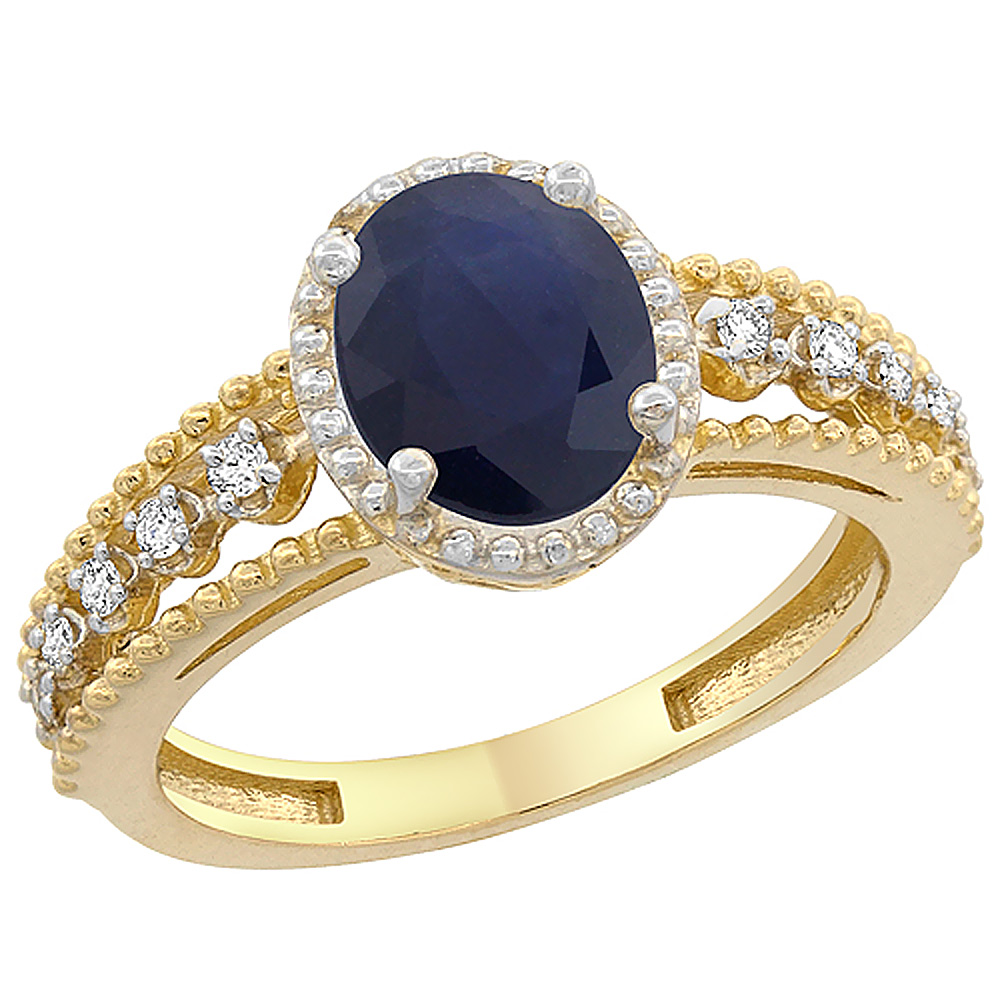 10K Yellow Gold Diamond Natural Quality Blue Sapphire Engagement Ring Oval 8x6 mm, size 5 - 10