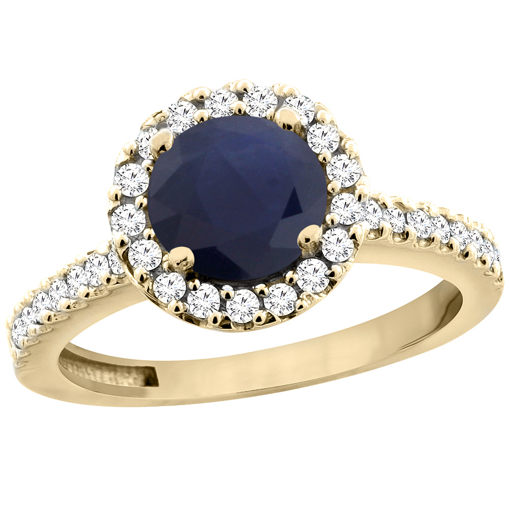 10K Yellow Gold Diamond Halo Natural Quality Blue Sapphire Engagement Ring Round 6mm, size 5 - 10