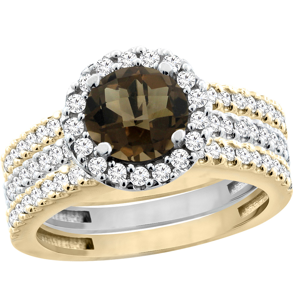 14K Gold Natural Smoky Topaz 3-Piece Ring Set Two-tone Round 6mm Halo Diamond, sizes 5 - 10