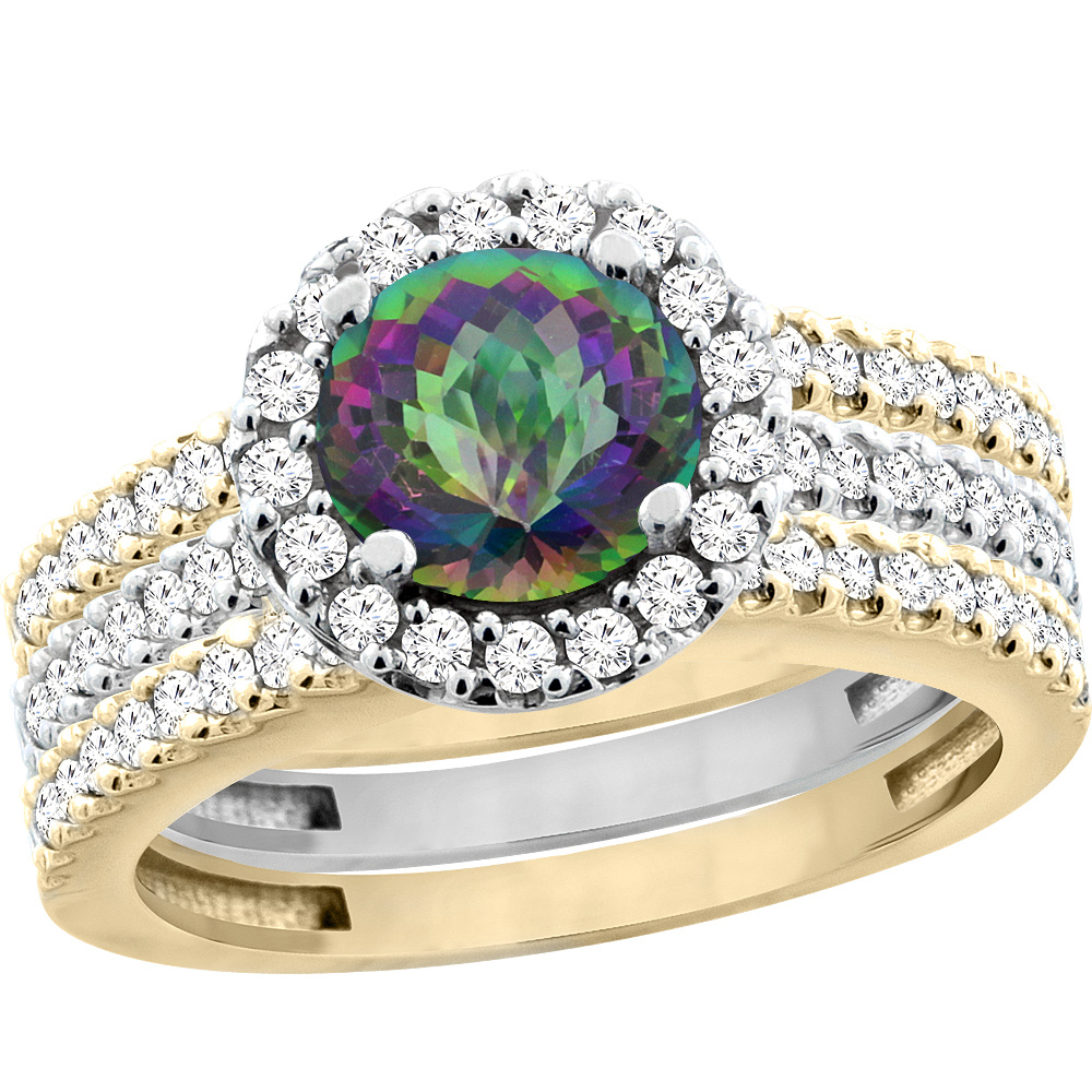 14K Gold Natural Mystic Topaz 3-Piece Ring Set Two-tone Round 6mm Halo Diamond, sizes 5 - 10