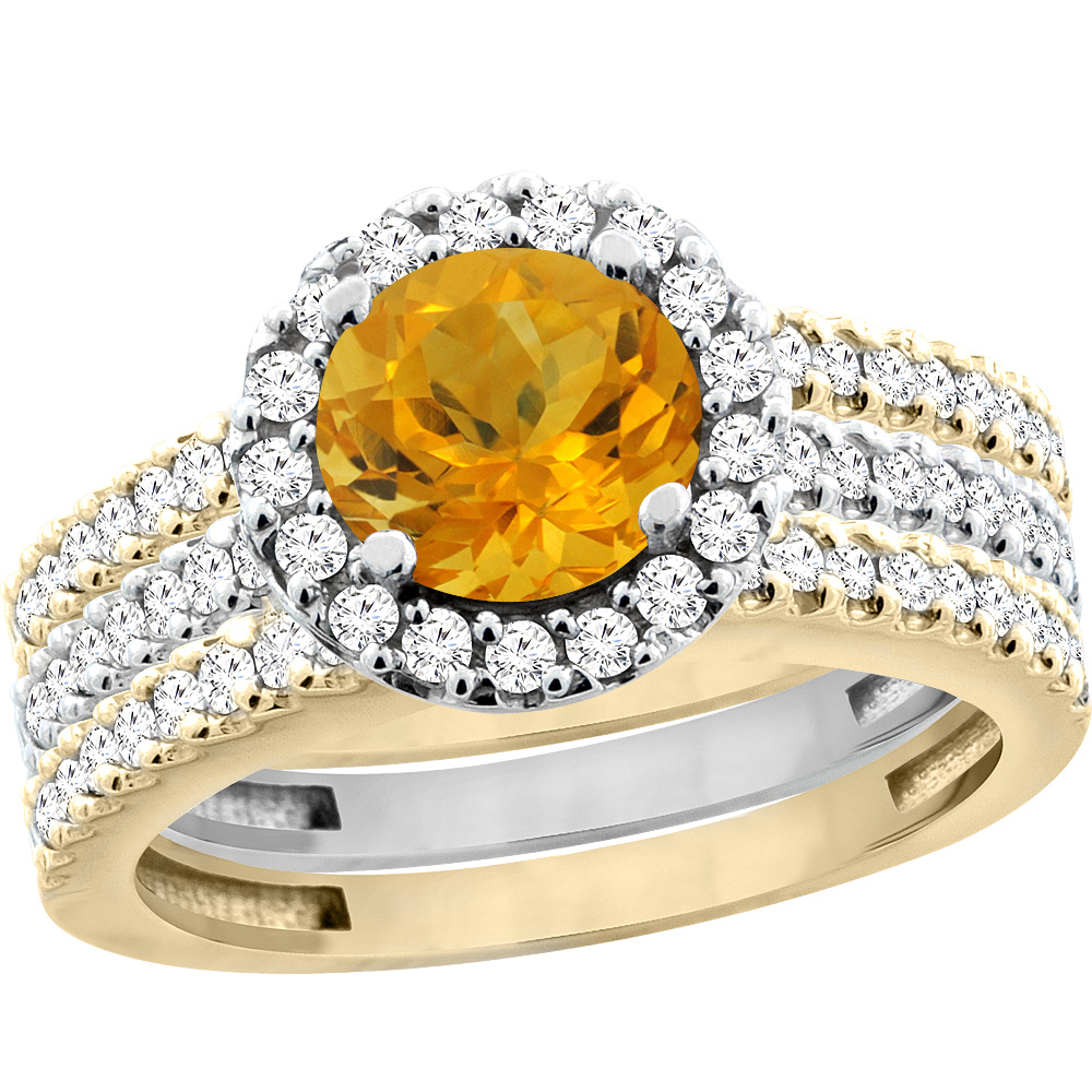 10K Gold Natural Citrine 3-Piece Ring Set Two-tone Round 6mm Halo Diamond, sizes 5 - 10