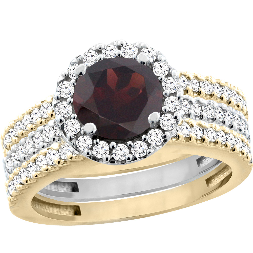 10K Gold Natural Garnet 3-Piece Ring Set Two-tone Round 6mm Halo Diamond, sizes 5 - 10