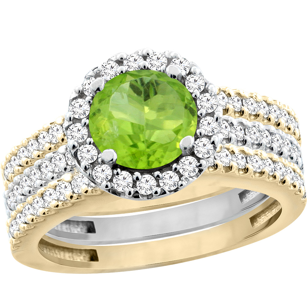 10K Gold Natural Peridot 3-Piece Ring Set Two-tone Round 6mm Halo Diamond, sizes 5 - 10