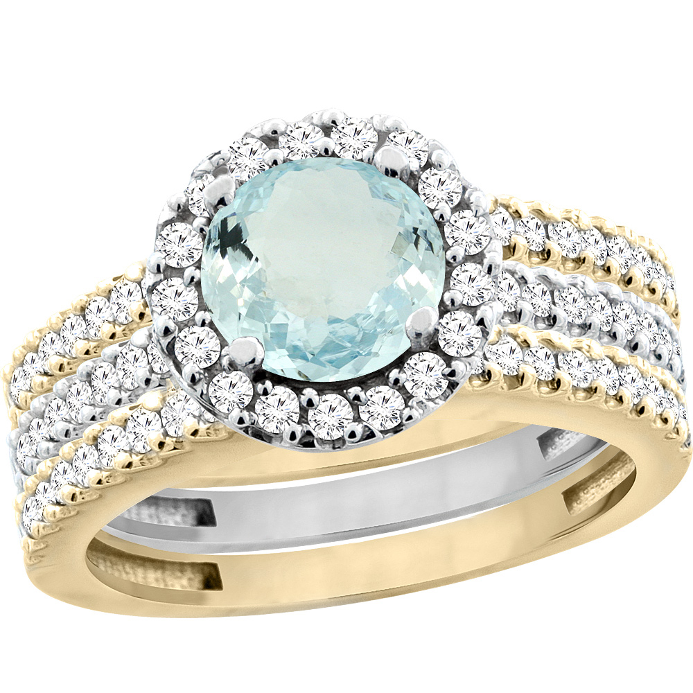 10K Gold Natural Aquamarine 3-Piece Ring Set Two-tone Round 6mm Halo Diamond, sizes 5 - 10