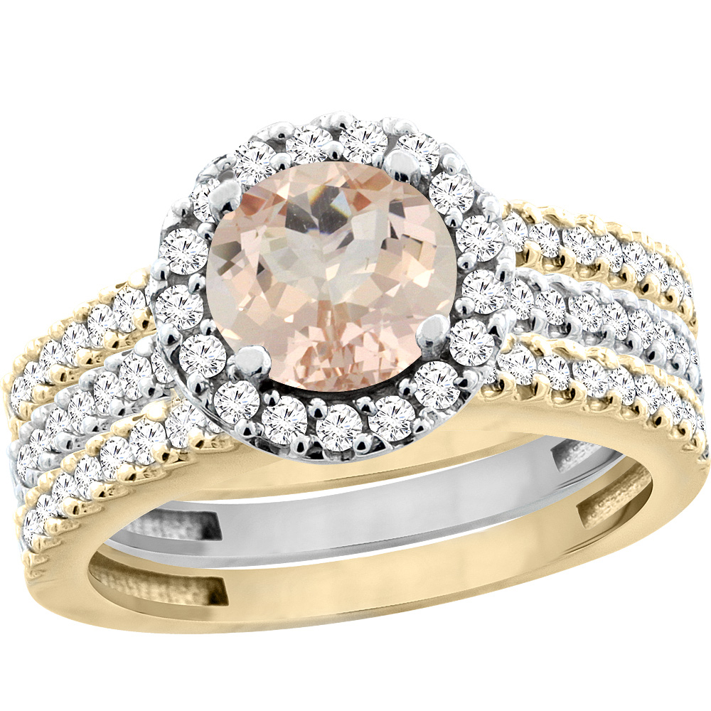 10K Gold Natural Morganite 3-Piece Ring Set Two-tone Round 6mm Halo Diamond, sizes 5 - 10