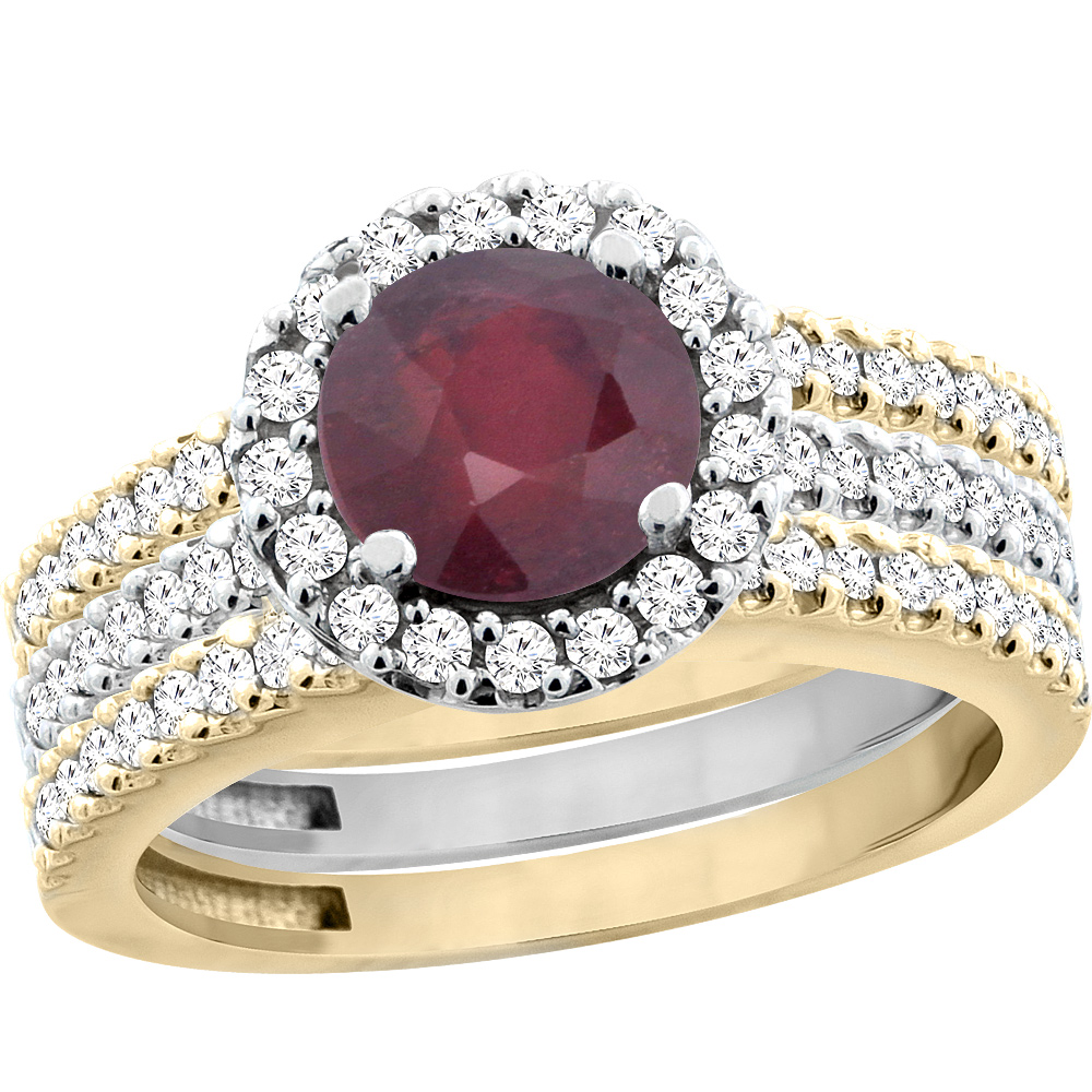 14K Gold Enhanced Ruby 3-Piece Ring Set Two-tone Round 6mm Halo Diamond, sizes 5 - 10