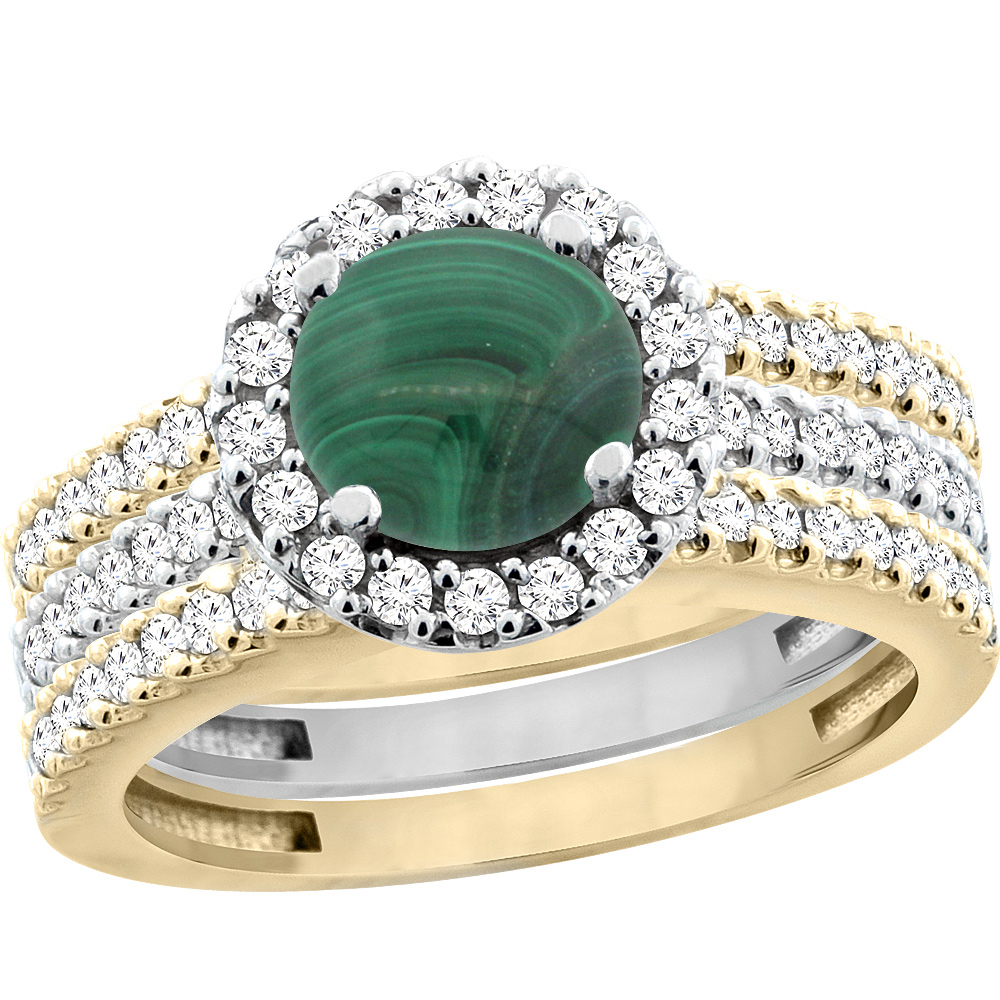 14K Gold Natural Malachite 3-Piece Ring Set Two-tone Round 6mm Halo Diamond, sizes 5 - 10