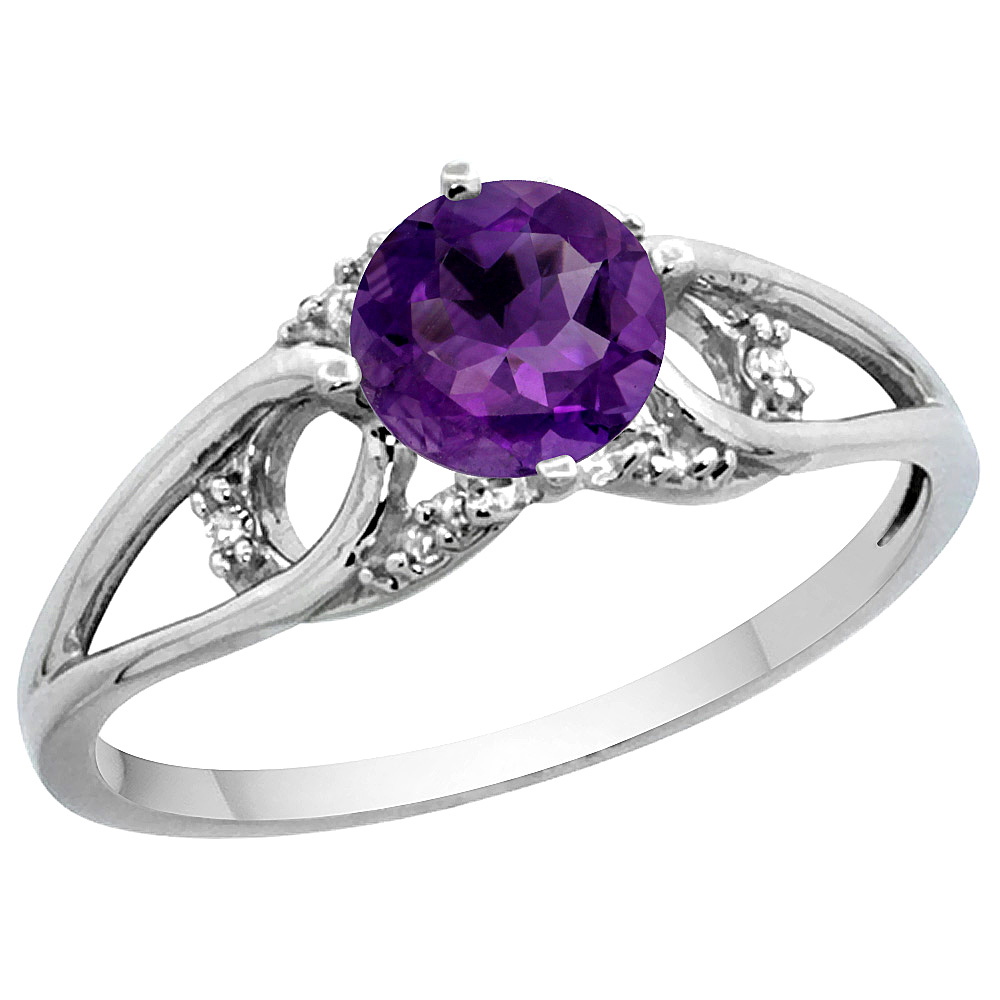 14k White Gold Diamond Natural Amethyst Engagement Ring Round 6 mm, sizes 5 - 10