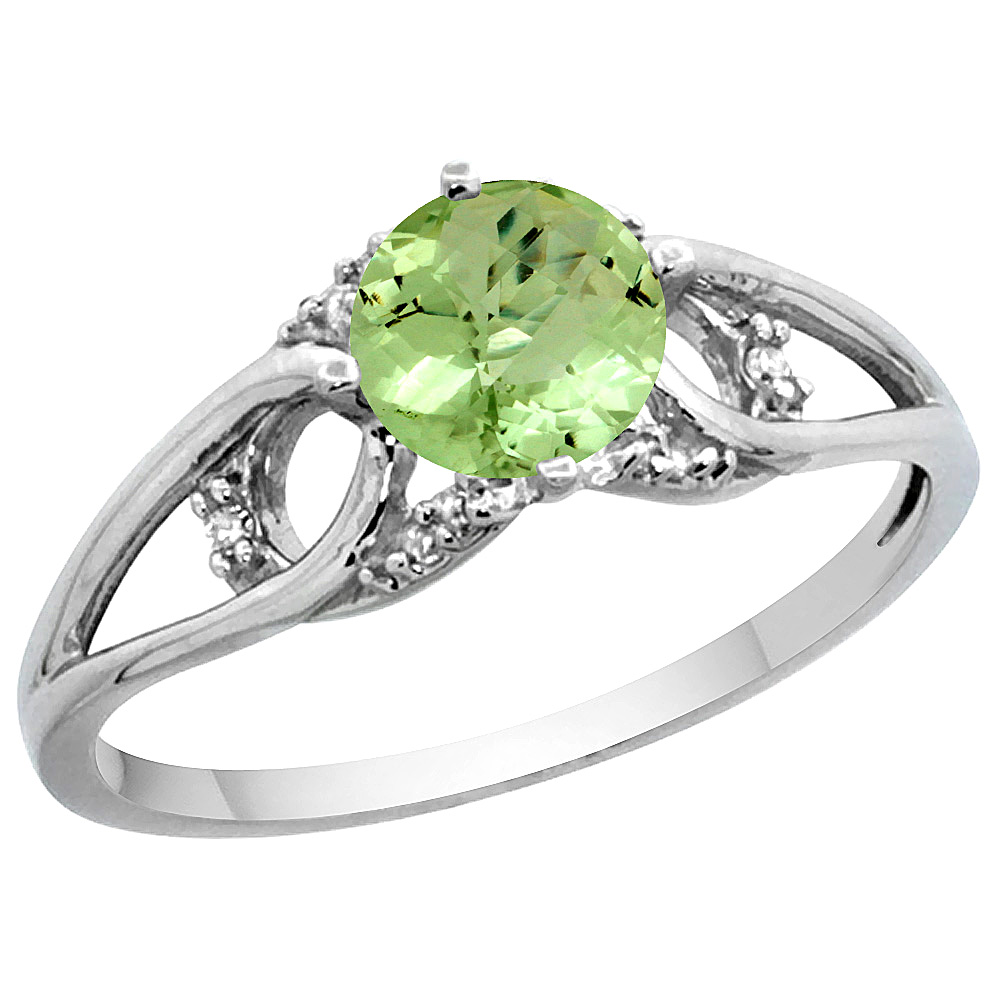 14K WHITE GOLD DIAMOND NATURAL PERIDOT ENGAGEMENT RING ROUND 6 MM, SIZES 5 - 10