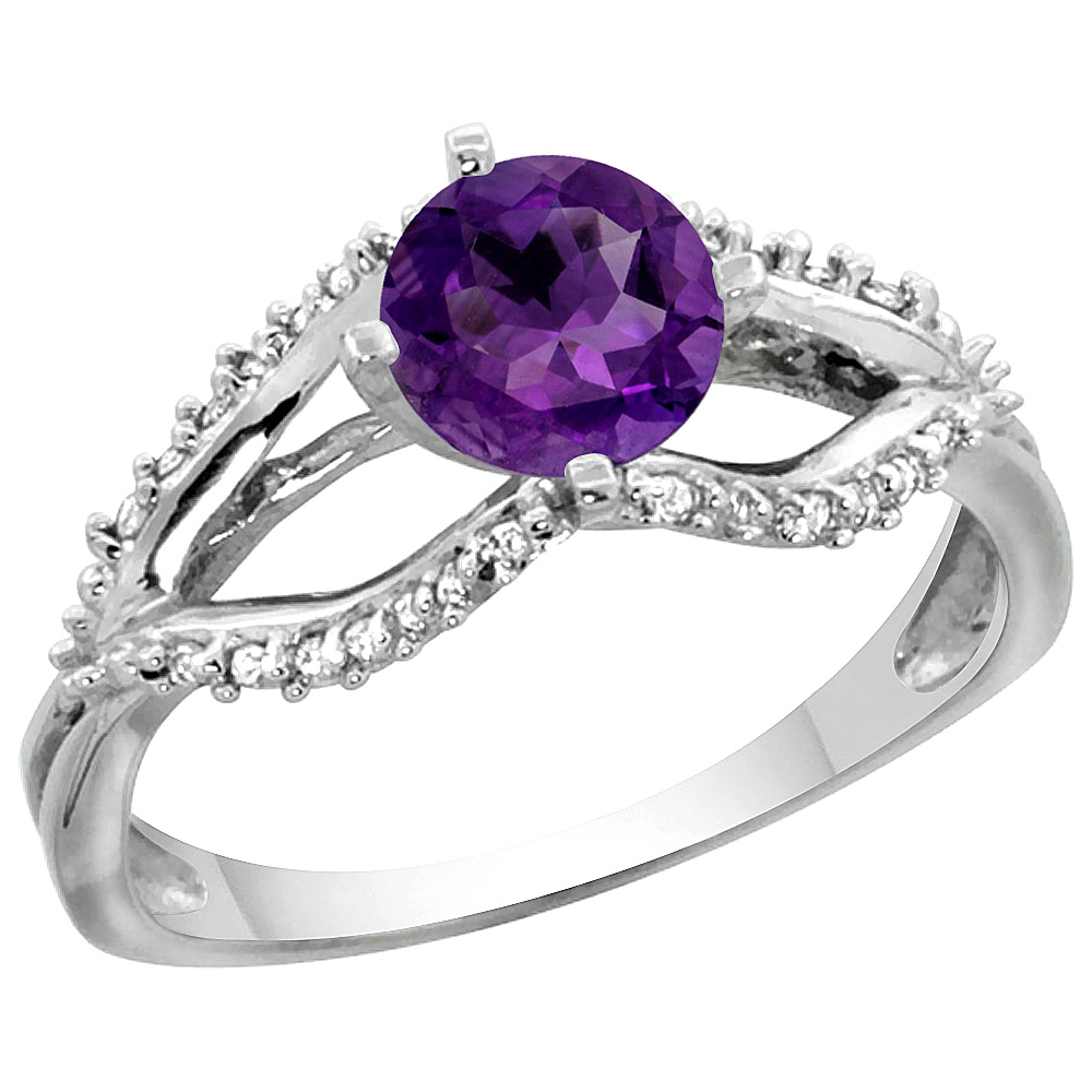 14k White Gold Natural Amethyst Ring Diamond Accents, 5/16 inch wide, sizes 5 - 10