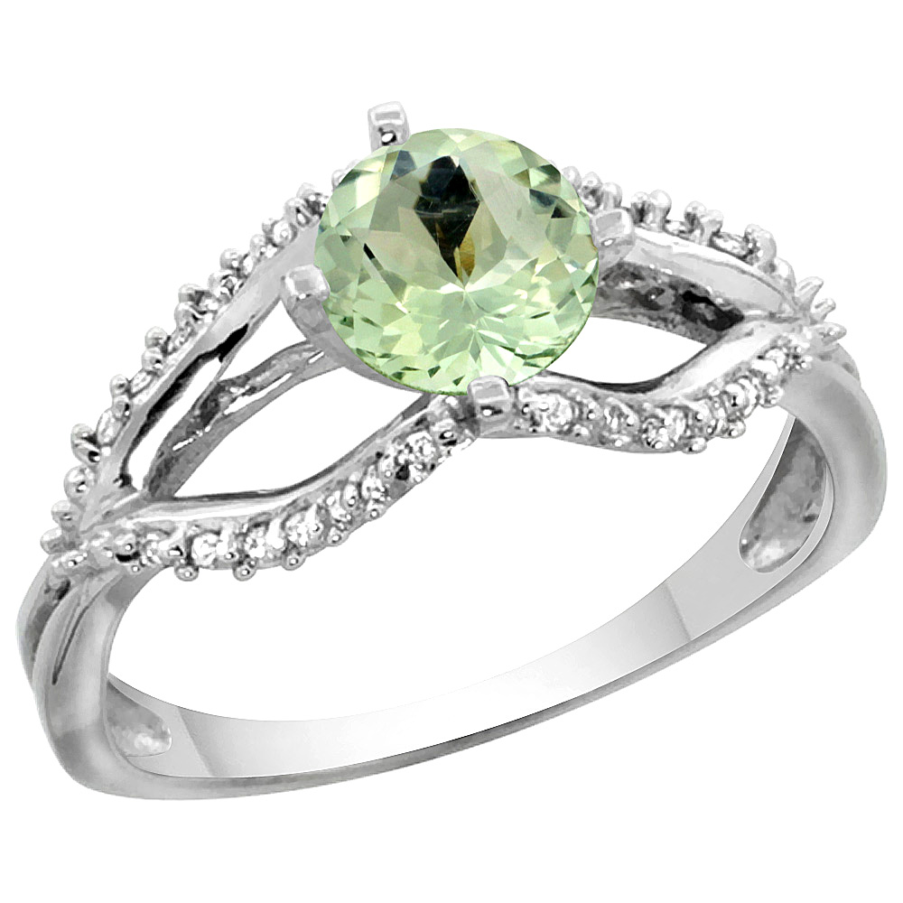 14K YELLOW GOLD NATURAL GREEN AMETHYST RING DIAMOND ACCENTS, 5/16 INCH WIDE, SIZES 5 - 10