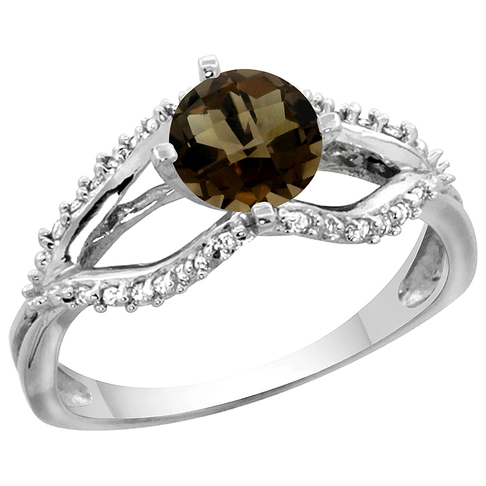 14k White Gold Natural Smoky Topaz Ring Diamond Accents, 5/16 inch wide, sizes 5 - 10