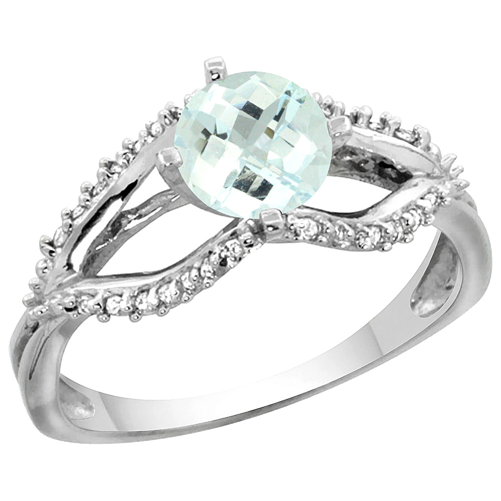 14k White Gold Natural Aquamarine Ring Diamond Accents, 5/16 inch wide, sizes 5 - 10