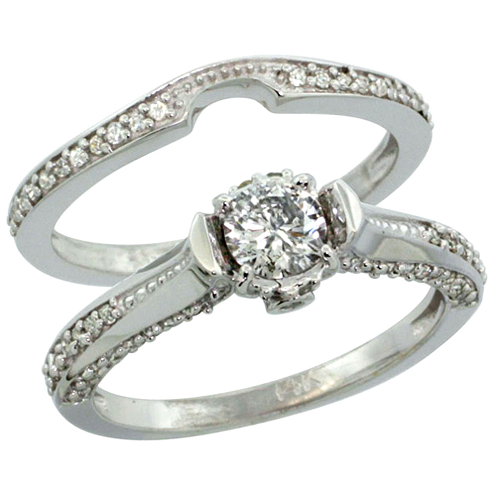 14k White Gold 2-Pc. Diamond Engagement Ring Set w/ 0.41 Carat (Center) &amp; 0.42 Carat (Sides) Brilliant Cut ( H-I Color; SI1 Clarity ) Diamonds, 1/4 in. (6.5mm) wide