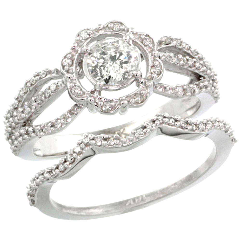 14K WHITE GOLD 2-PC. FLORAL DIAMOND ENGAGEMENT RING SET W/ 0.41 CARAT (CENTER) & 0.44 CARAT (SIDES) BRILLIANT CUT ( H-I COLOR; SI1 CLARITY ) DIAMONDS, 3/8 IN. (9.5MM) WIDE