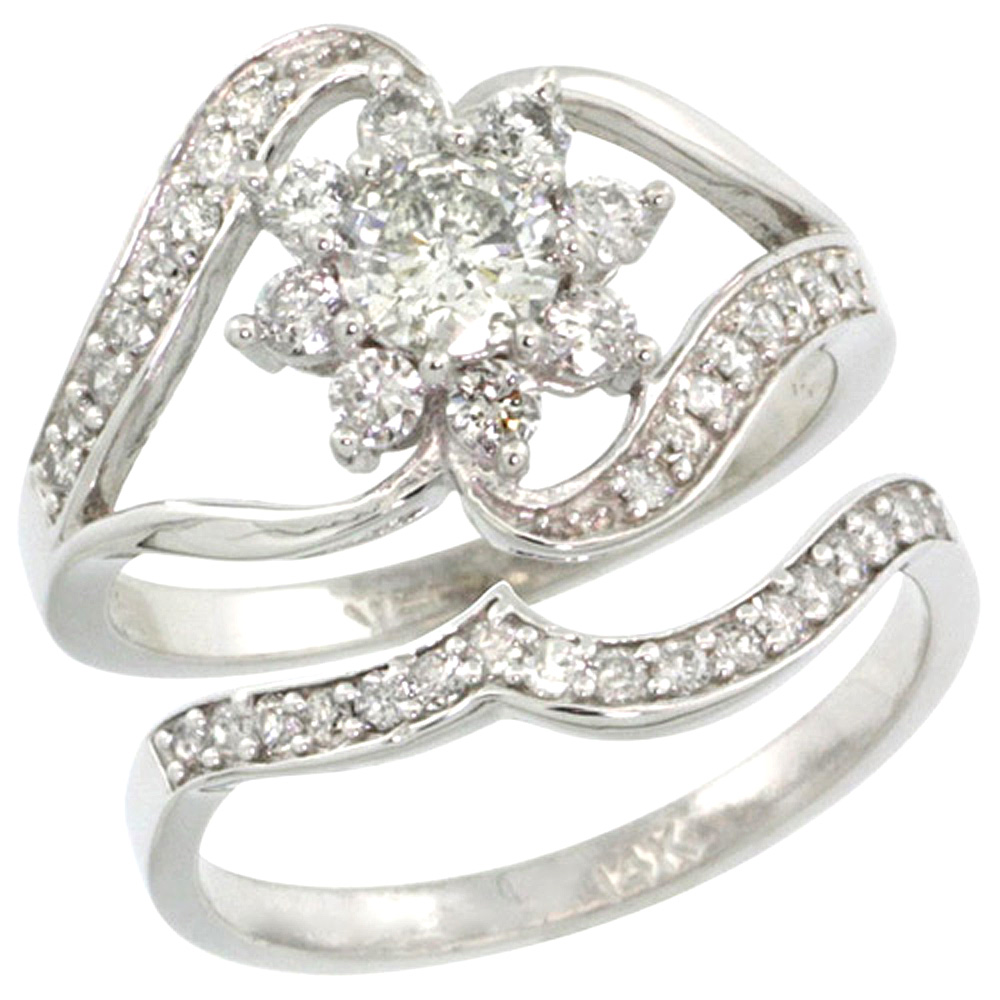 14K WHITE GOLD 2-PC. FLOWER DIAMOND ENGAGEMENT RING SET W/ 0.38 CARAT (CENTER) & 0.61 CARAT (SIDES) BRILLIANT CUT ( H-I COLOR; SI1 CLARITY ) DIAMONDS, 5/8 IN. (15.5MM) WIDE