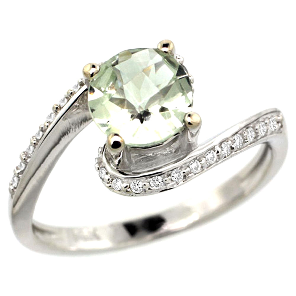 10K WHITE GOLD NATURAL GREEN AMETHYST SWIRL DESIGN RING DIAMOND ACCENT ROUND 6MM, 1/2 INCH WIDE
