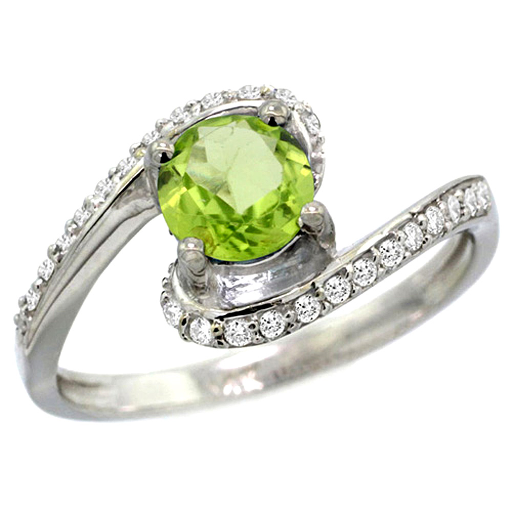 10K WHITE GOLD NATURAL PERIDOT SWIRL DESIGN RING DIAMOND ACCENT ROUND 6MM, 1/2 INCH WIDE