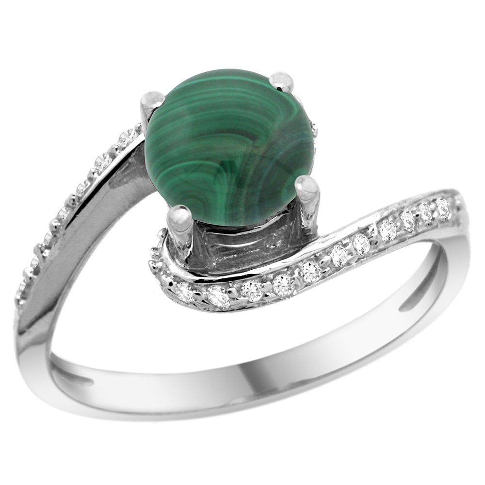 10K WHITE GOLD NATURAL MALACHITE SWIRL DESIGN RING DIAMOND ACCENT ROUND 6MM, 1/2 INCH WIDE