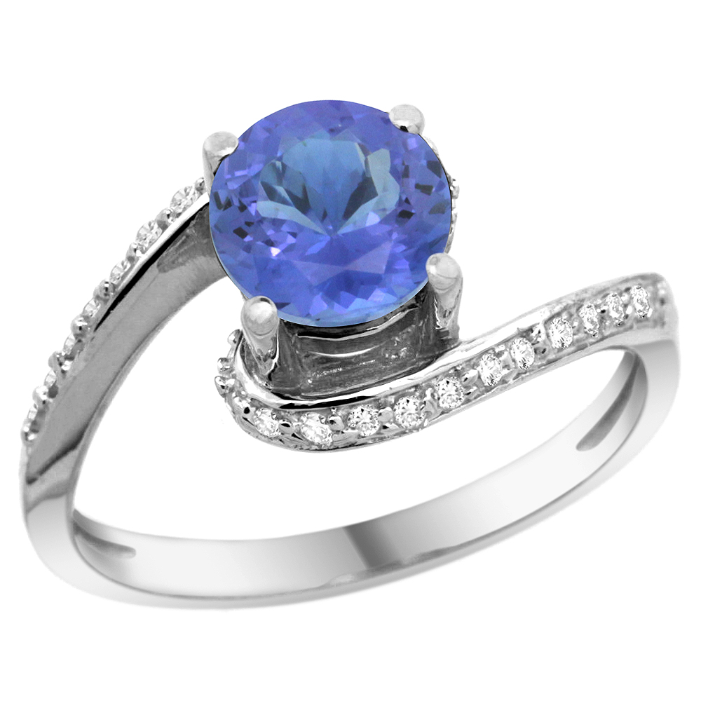 14k White Gold Natural Tanzanite Swirl Design Ring Diamond Accent Round 6mm, 1/2 inch wide 