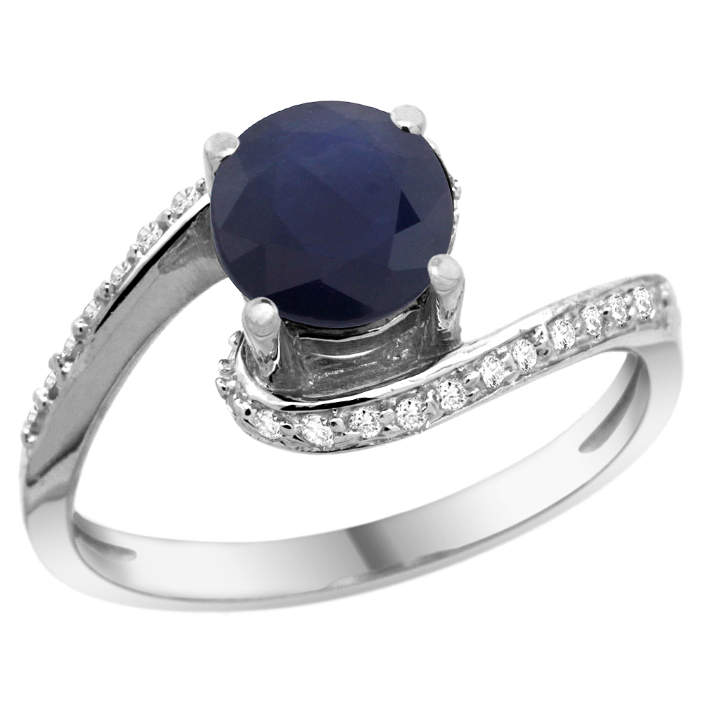 14K WHITE GOLD NATURAL HIGH QUALITY BLUE SAPPHIRE SWIRL DESIGN RING DIAMOND ACCENT ROUND 6MM, 1/2 INCH WIDE