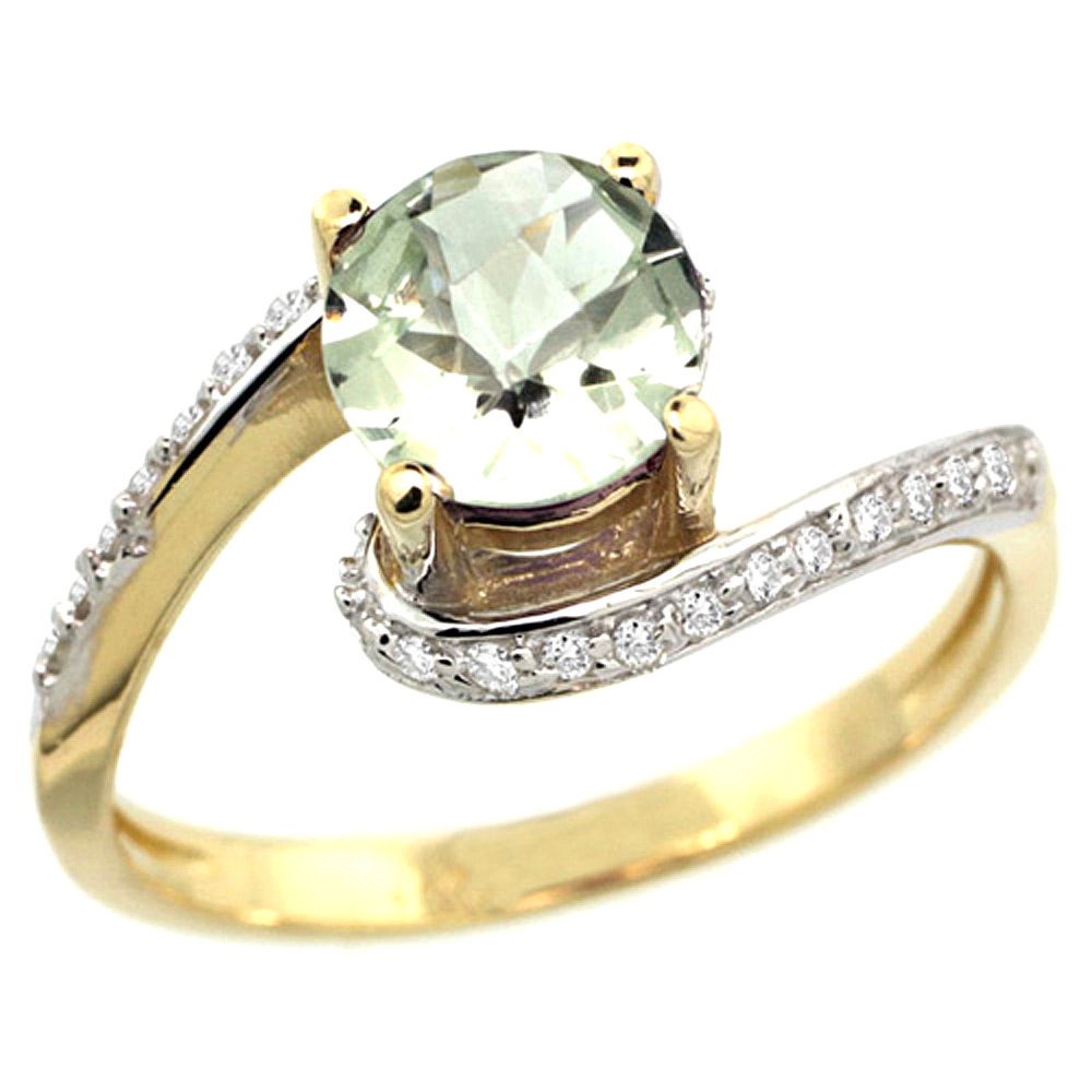 10K YELLOW GOLD NATURAL GREEN AMETHYST SWIRL DESIGN RING DIAMOND ACCENT ROUND 6MM, 1/2 INCH WIDE