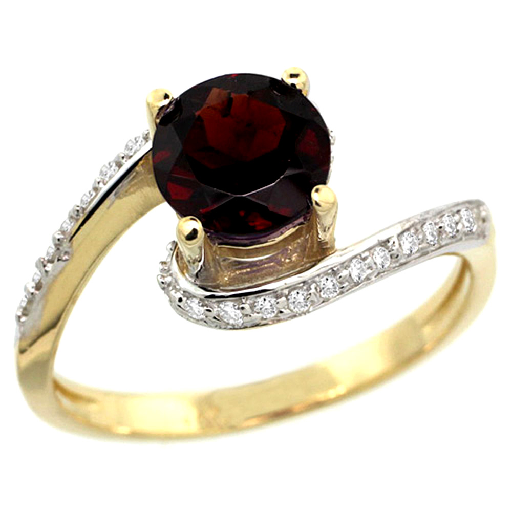 10K YELLOW GOLD NATURAL GARNET SWIRL DESIGN RING DIAMOND ACCENT ROUND 6MM, 1/2 INCH WIDE
