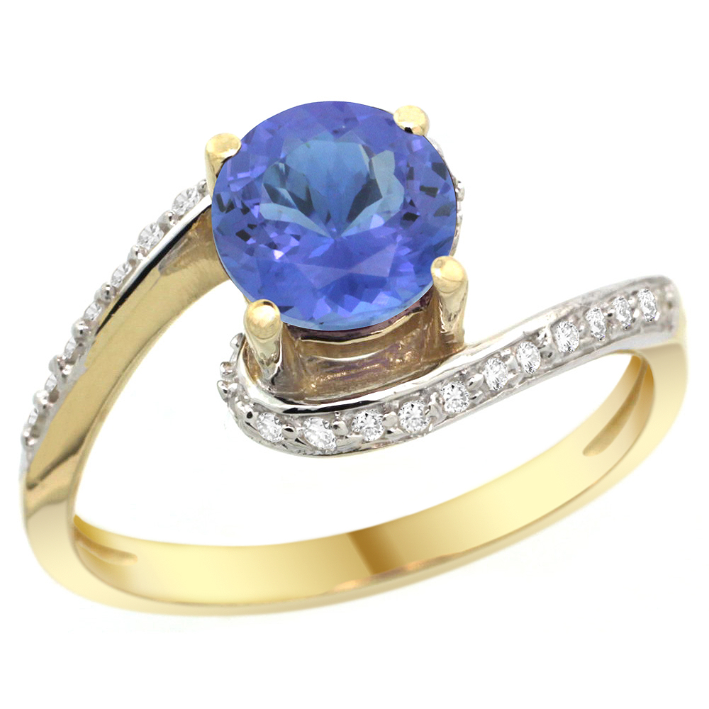 14k Yellow Gold Natural Tanzanite Swirl Design Ring Diamond Accent Round 6mm, 1/2 inch wide 