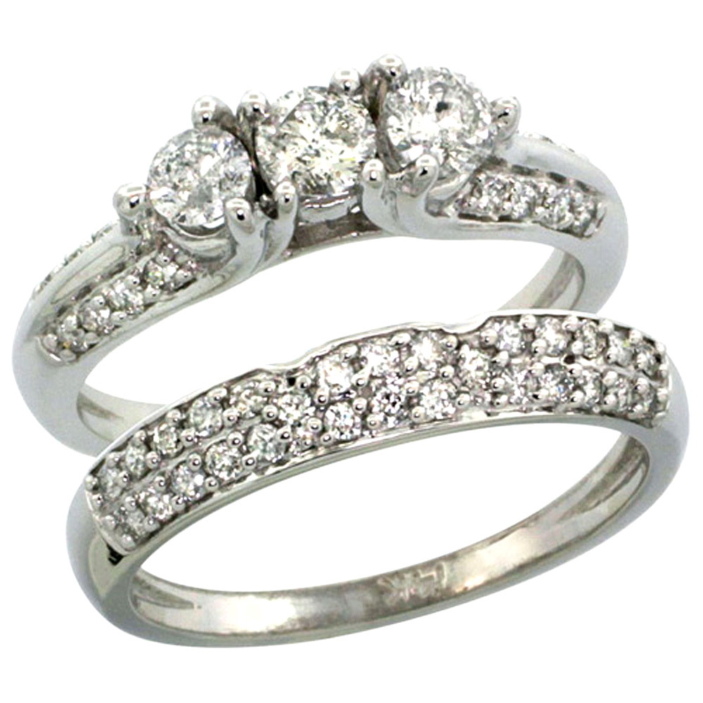 14K WHITE GOLD 2-PC. DIAMOND ENGAGEMENT RING SET W/ 0.64 CARAT (CENTER) & 0.45 CARAT (SIDES) BRILLIANT CUT ( H-I COLOR; VS2-SI1 CLARITY ) DIAMONDS, 5/16 IN. (8MM) WIDE