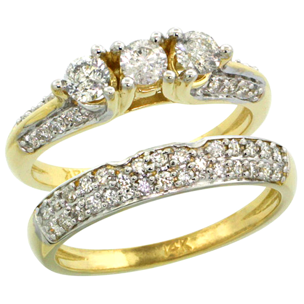 14K GOLD 2-PC. DIAMOND ENGAGEMENT RING SET W/ 0.64 CARAT (CENTER) & 0.45 CARAT (SIDES) BRILLIANT CUT ( H-I COLOR; VS2-SI1 CLARITY ) DIAMONDS, 5/16 IN. (8MM) WIDE