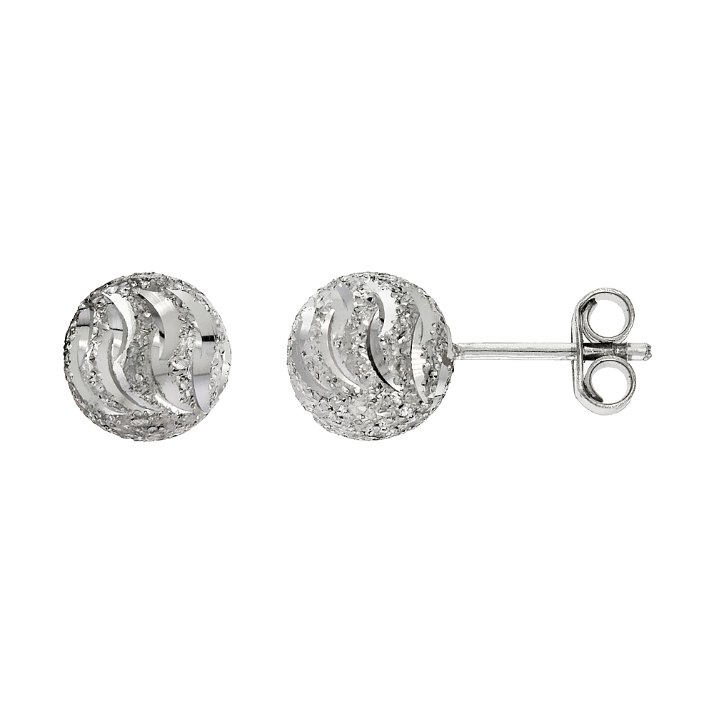 STERLING SILVER 8MM BALL STUD EARRINGS SWIRL DIAMOND CUT RHODIUM FINISH