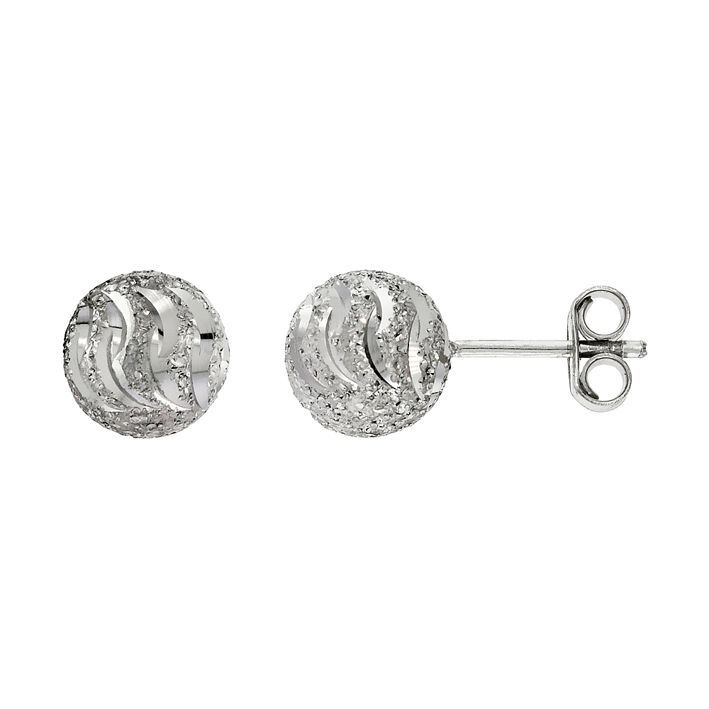 Sterling Silver 8mm Ball Stud Earrings Swirl Diamond Cut Rhodium Finish