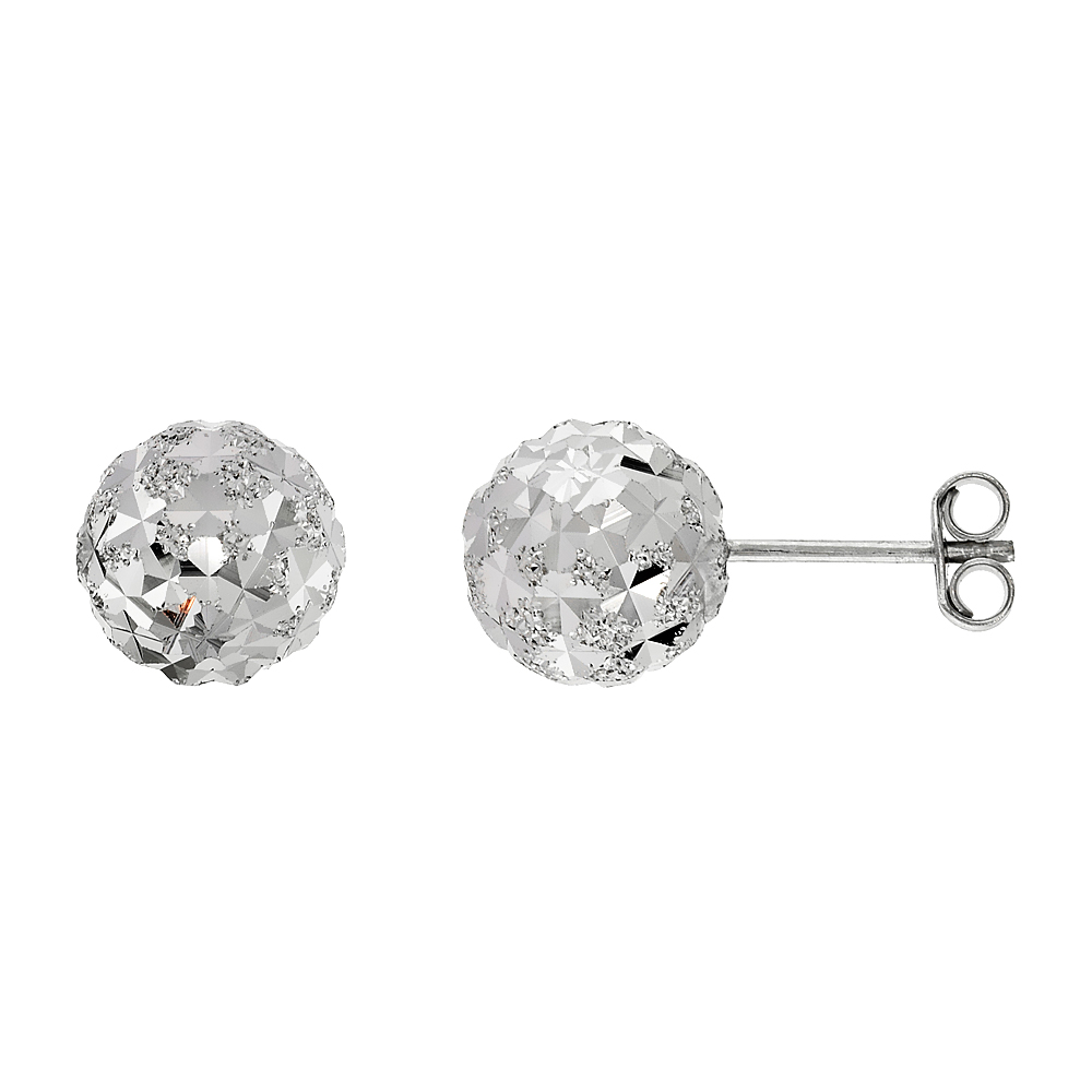 STERLING SILVER 10MM BALL STUD EARRINGS KALEIDOSCOPE DIAMOND CUT RHODIUM FINISH