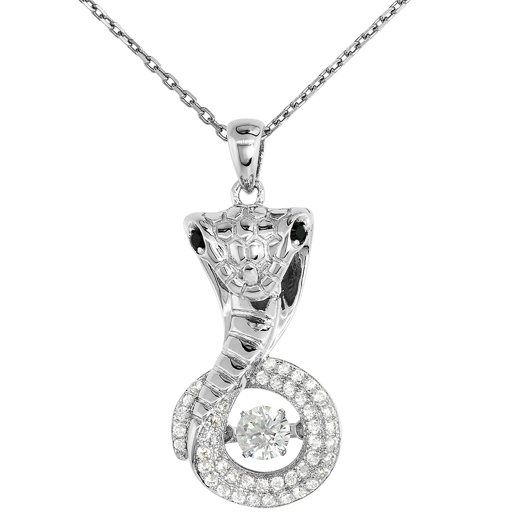 Sterling silver Dancing CZ King Cobra Snake Necklace Black Eyes Micro Pave 16 - 20 inch Boston Chain