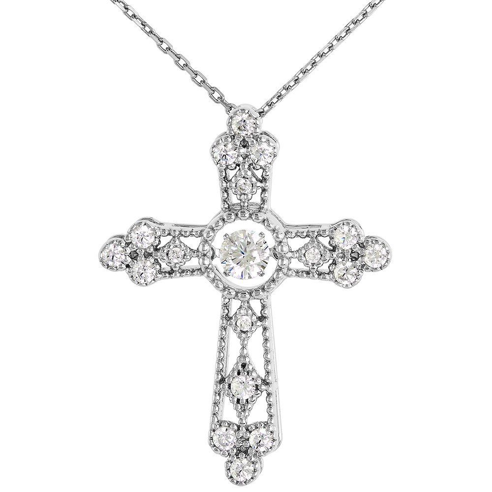 Sterling silver Dancing CZ Cross Necklace Micro Pave 16 - 20 inch Boston Chain