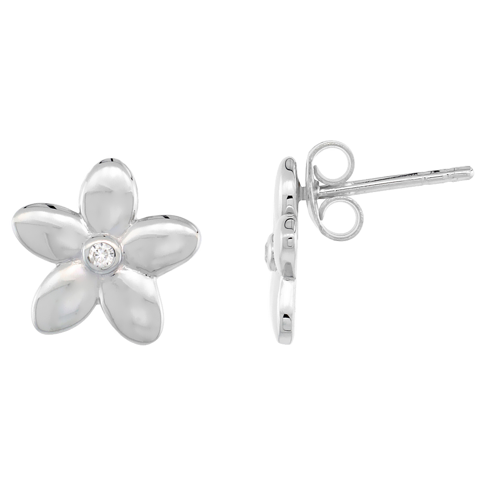 DAINTY STERLING SILVER DIAMOND HAWAIIAN FLOWER STUD EARRINGS FLAWLESS FINISH NICE DIAMONDS 1/2 INCH