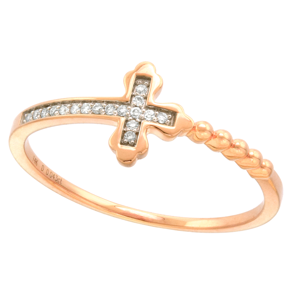14k Gold Diamond Sideways Cross Ring for Women Beaded Shank 5/16 inch 0.06 cttw size 5-9