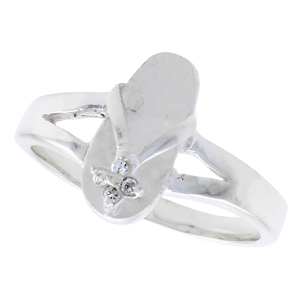 Sterling Silver Hawaiian Flip Flop Ring Cubic Zirconia Accents, 1/2 inch wide, sizes 7 - 9
