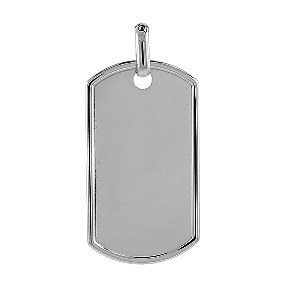 2 INCH FULL SIZE STERLING SILVER RAISED BORDER DOG TAG PENDANT FOR MEN POLISHED FINISH NICKEL FREE ITALY NO CHAIN