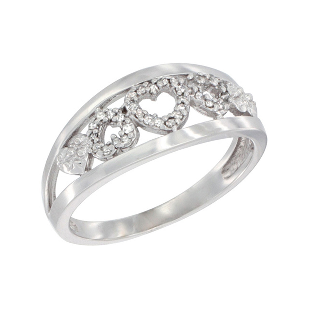 14K White Gold Diamond Dainty Hearts Ring 3/8 inch wide, sizes 5 - 10