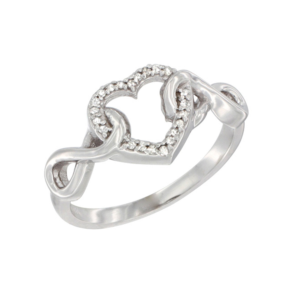 14K White Gold Diamond Heart Ring Infinity Symbols 3/8 inch wide, sizes 5 - 10