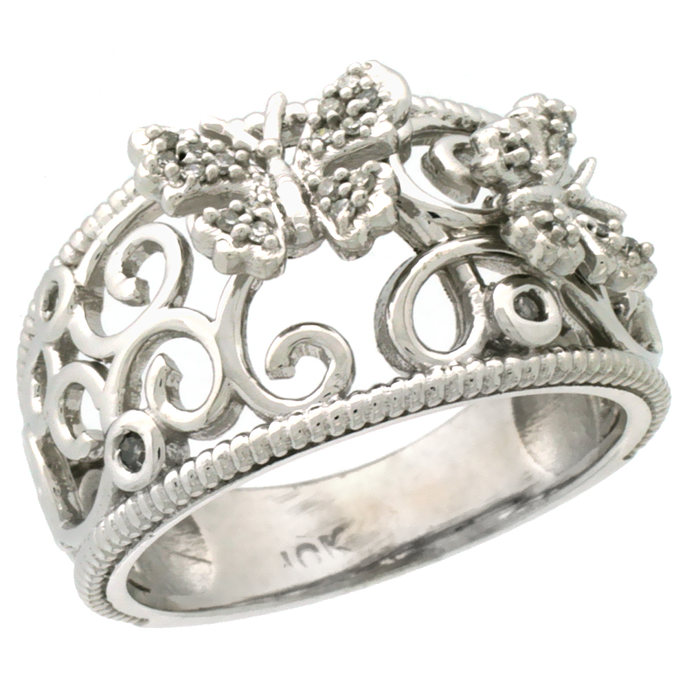 10k White Gold Butterfly & Swirls Diamond Ring w/ 0.11 Carat Brilliant Cut Diamonds, 7/16 in. (11.5mm) wide