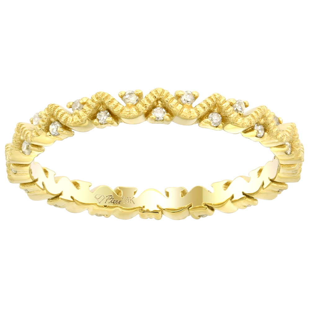 14k Gold Stackable Zig Zag Ring for Women Diamond Dots Milgrain 3/32 inch size 6 - 8