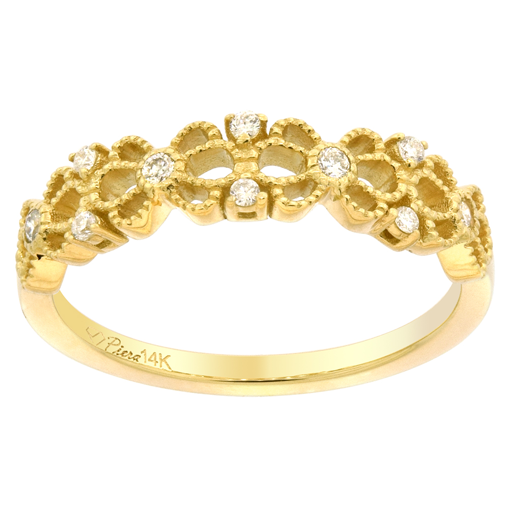 14k Gold Flower Engagement Ring for Women Diamond Accent 3/16 inch wide size 6 - 9