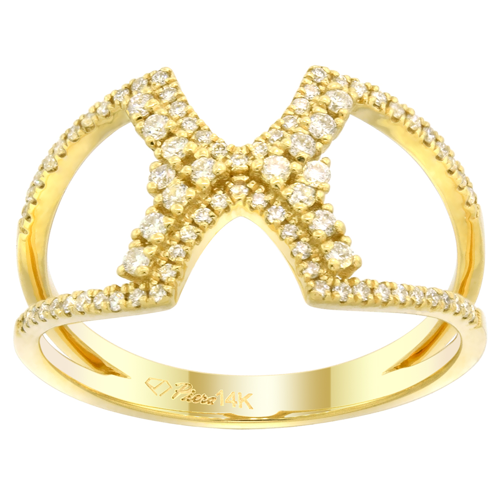 14k Gold Criss Cross Diamond X Ring for Women 7/16 inch wide, size 6 - 9