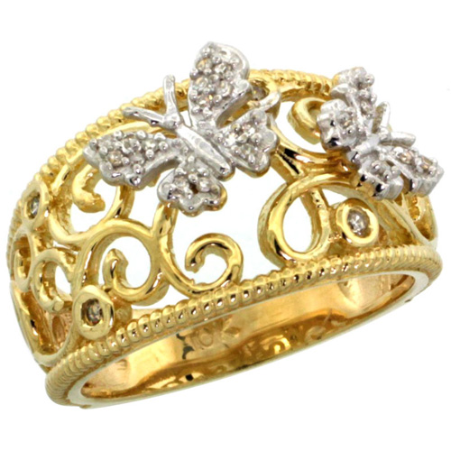 14k Gold Butterfly &amp; Swirls Diamond Ring w/ 0.11 Carat Brilliant Cut Diamonds, 7/16 in. (11.5mm) wide