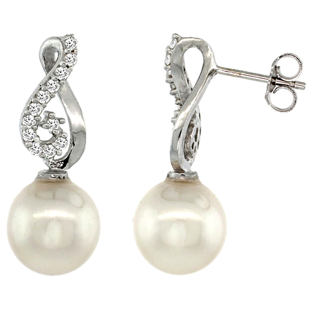 14K WHITE GOLD HEART-SHAPED LOOP PEARL EARRINGS W/ 0.24 CARAT BRILLIANT CUT ( H-I COLOR; VS2-SI1 CLARITY ) DIAMONDS & 9MM WHITE PEARLS, 7/8 IN. (22MM) TALL