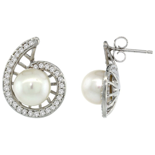 14k White Gold Swirl Pearl Earrings w/ 0.33 Carat Brilliant Cut ( H-I Color; VS2-SI1 Clarity ) Diamonds &amp; 7mm White Pearls